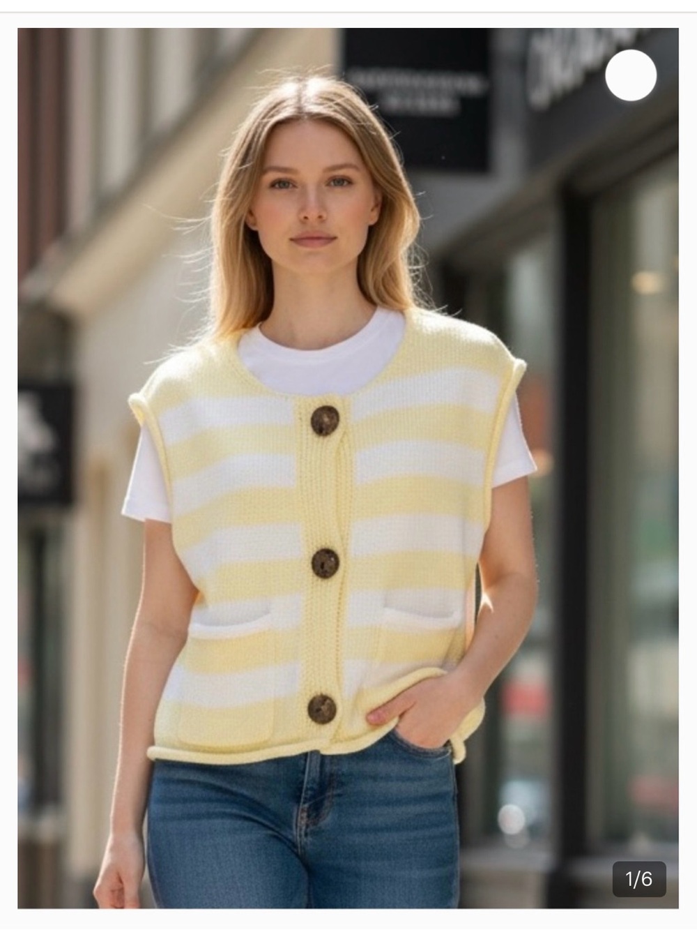Revolve Striped Knit Button Front Vest in Yellow and White